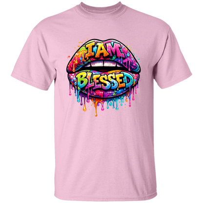 Pink t-shirt with colorful lips graphic and 'I AM BLESSED' text on a white background