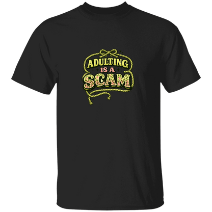 Black t-shirt with 'Adulting is a Scam' text design on a white background
