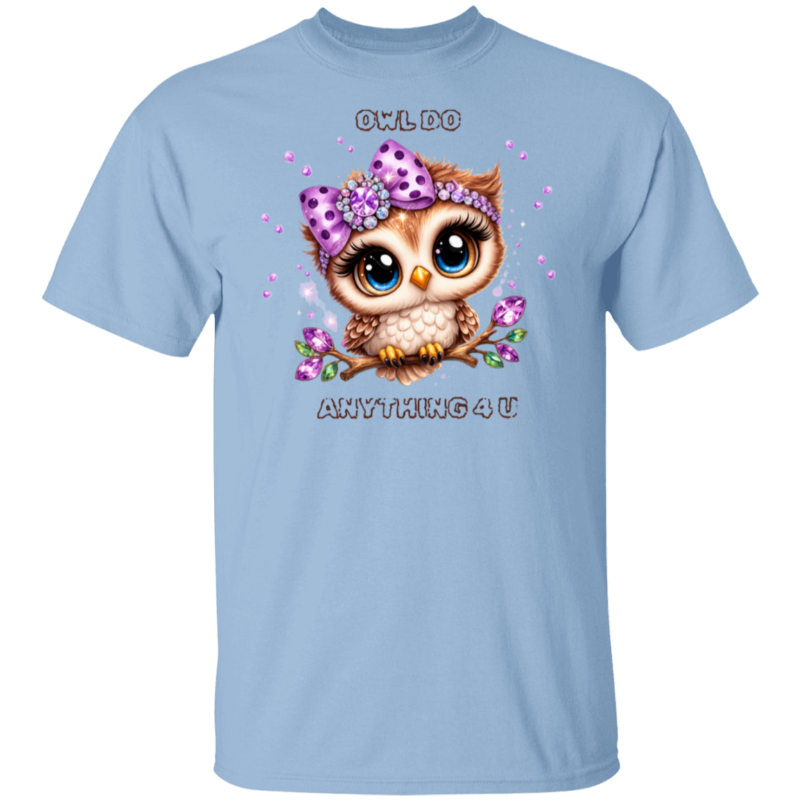 Light blue t-shirt with an owl graphic and text on a white background
