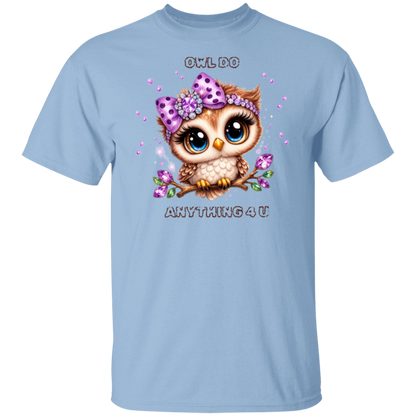 Light blue t-shirt with an owl graphic and text on a white background