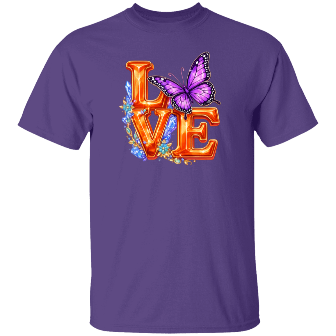 Purple t-shirt with 'LOVE' design featuring a butterfly on a white background