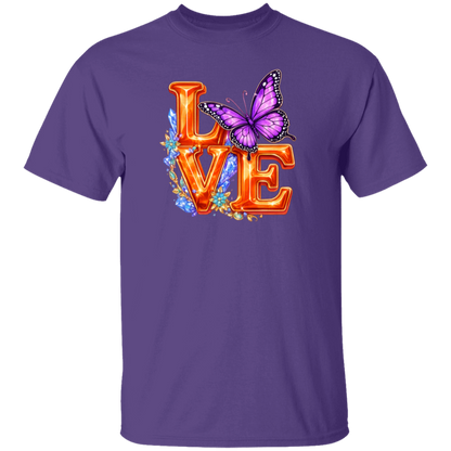 Purple t-shirt with 'LOVE' design featuring a butterfly on a white background