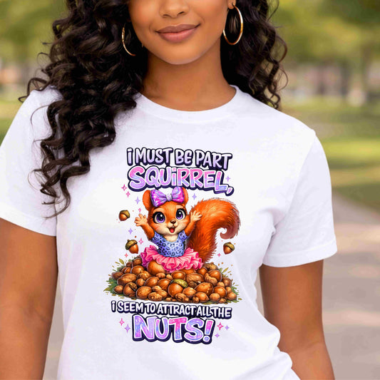 Person wearing a white t-shirt with a cartoon squirrel graphic and text.
