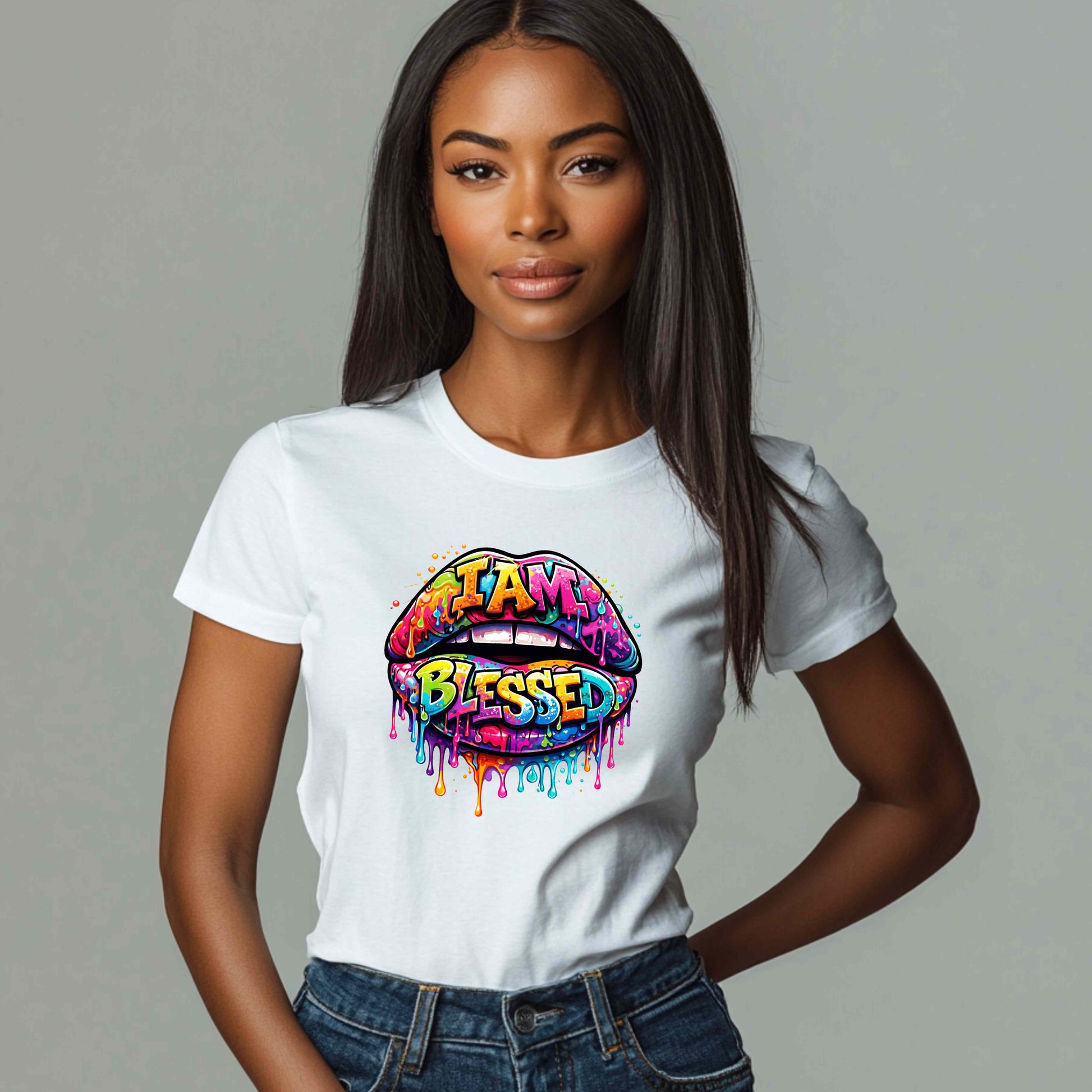 Woman wearing a white t-shirt with colorful 'I AM BLESSED' graphic design.