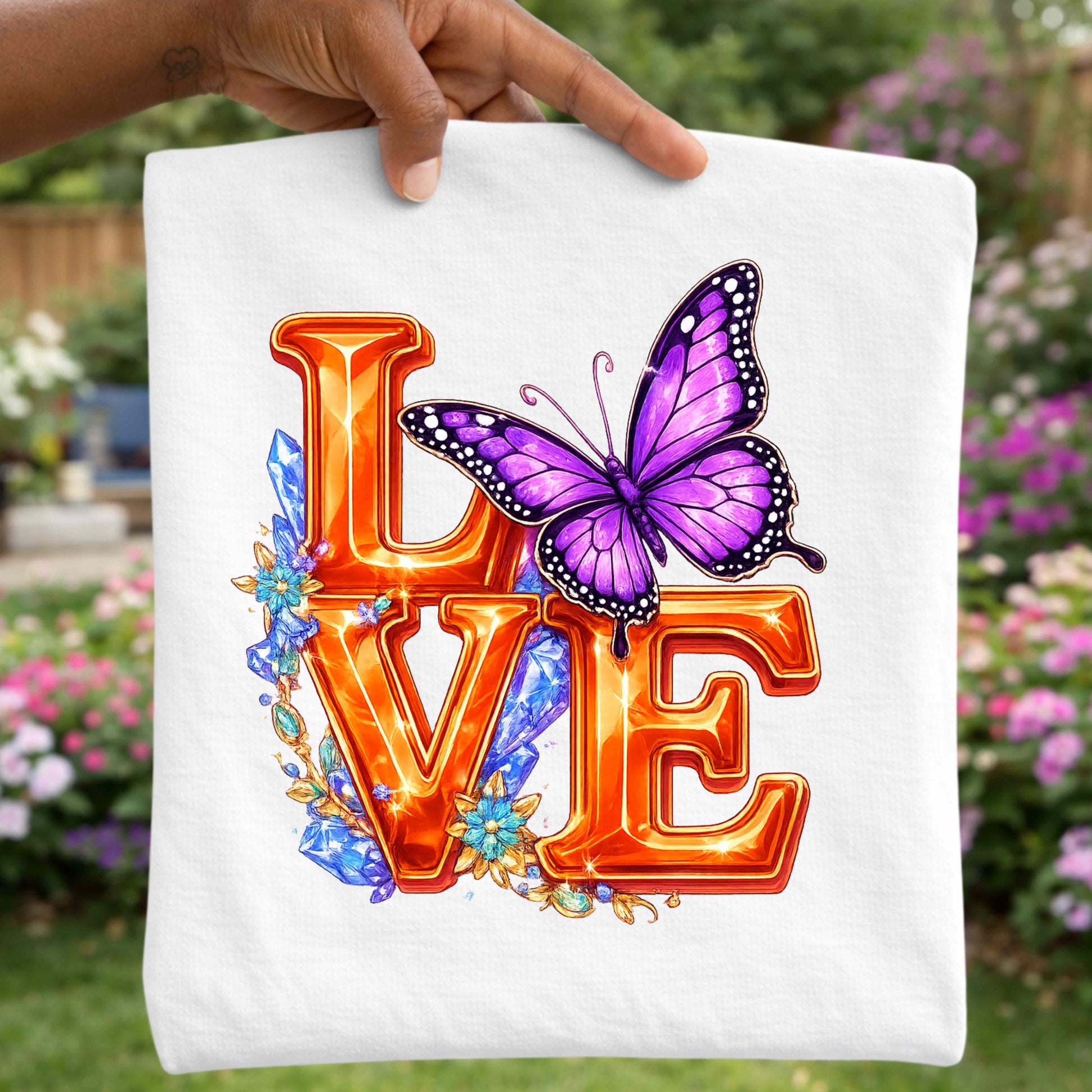 White folded T-shirt with 'LOVE' and butterfly design held by a hand against a garden background