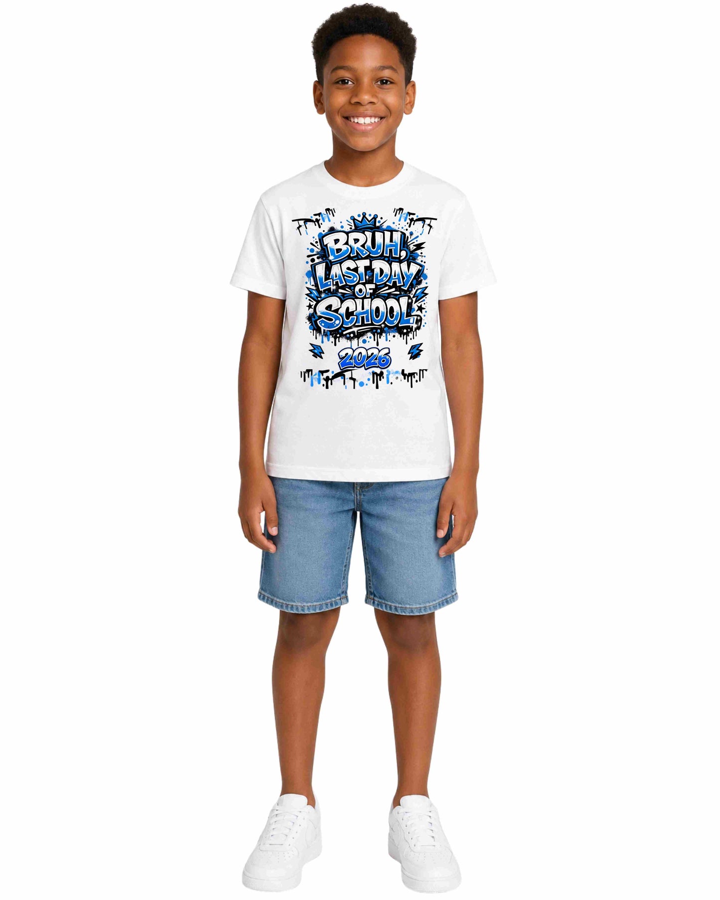 Child wearing a white t-shirt with 'It's My Last Day of School' text and blue shorts on a white background