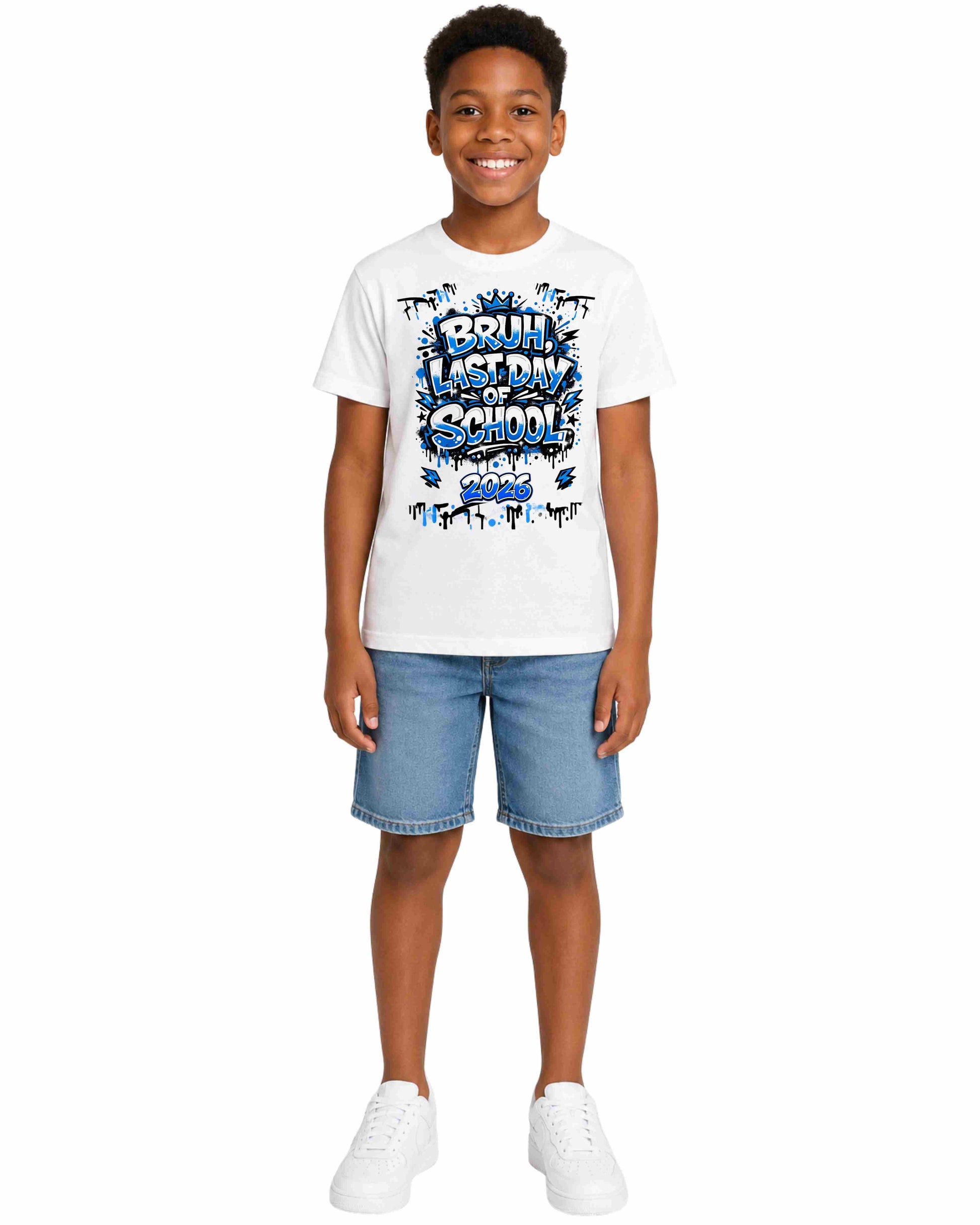 Child wearing a white t-shirt with 'It's My Last Day of School' text and blue shorts on a white background