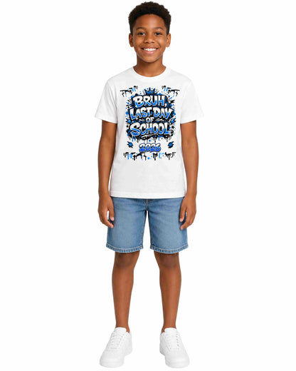 Child wearing a white t-shirt with 'It's My Last Day of School' text and blue shorts on a white background