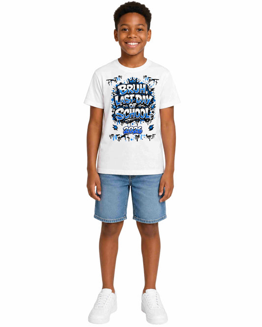 Child wearing a white t-shirt with 'It's My Last Day of School' text and blue shorts on a white background
