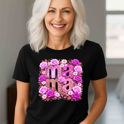Woman wearing a black t-shirt with 'mama' design featuring pink roses.