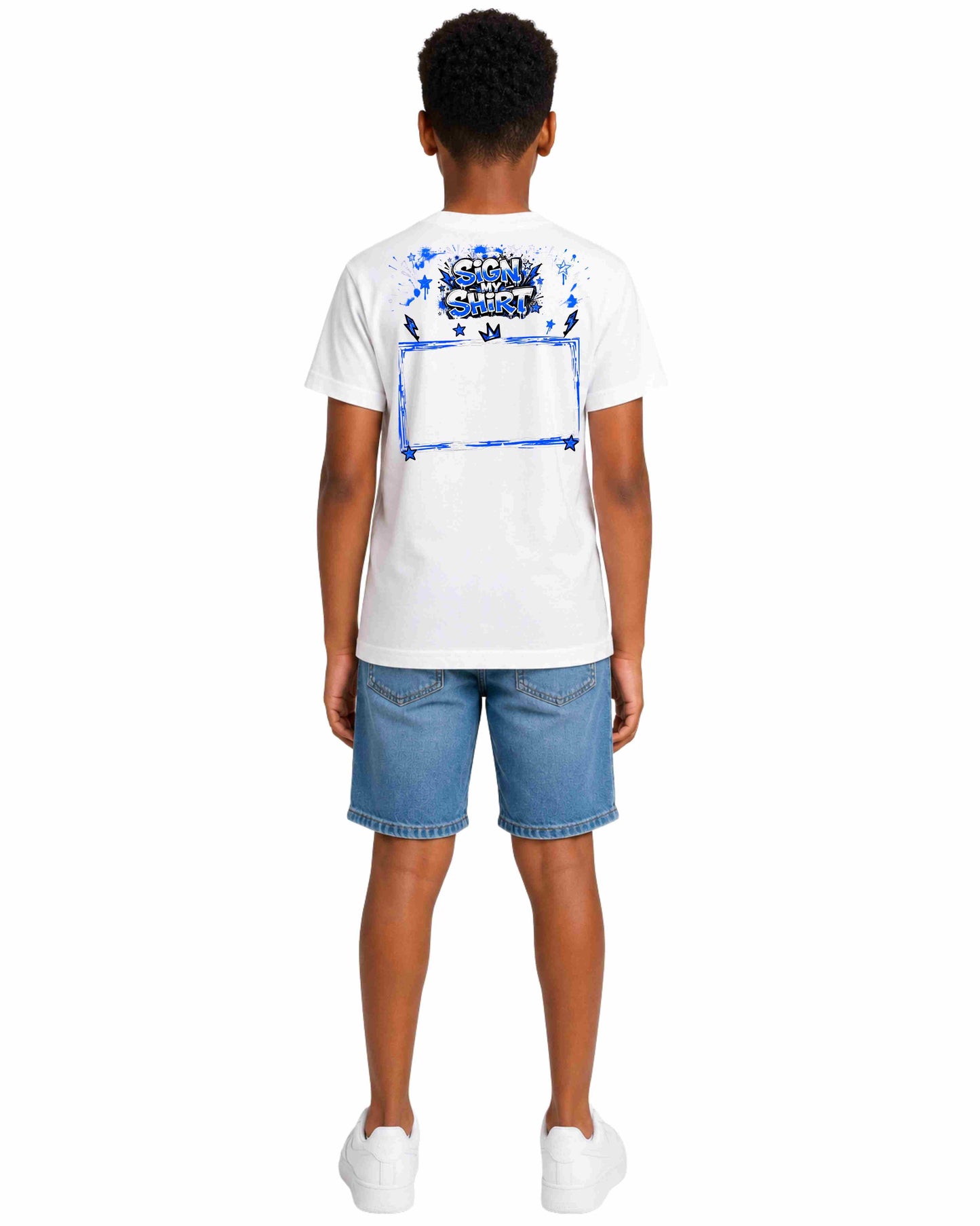 Person wearing a white t-shirt with a colorful design on the back and blue shorts against a white background