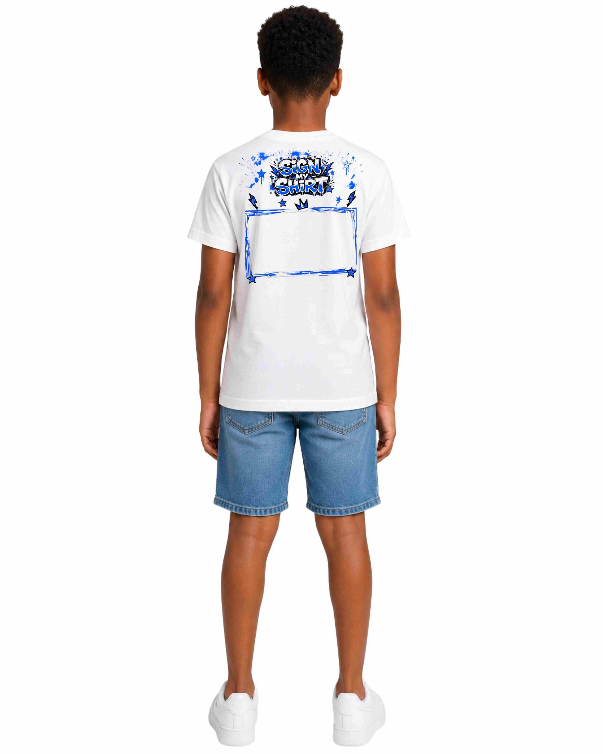 Person wearing a white t-shirt with a colorful design on the back and blue shorts against a white background