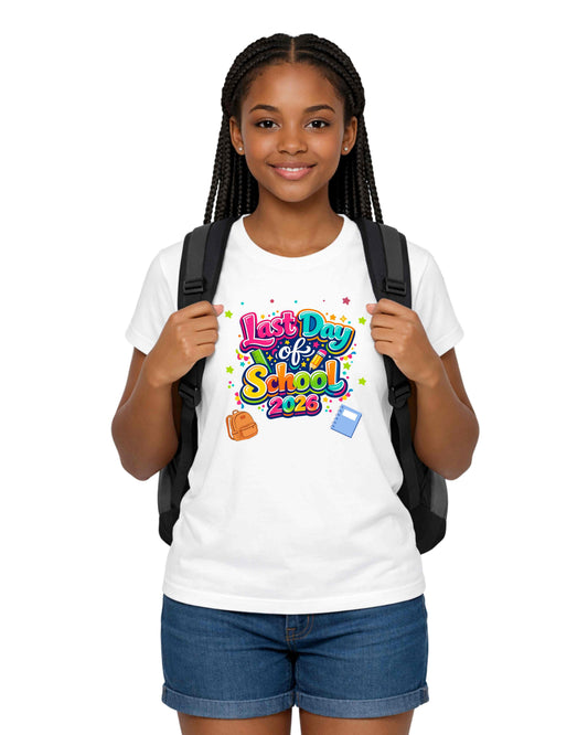 Young girl wearing a 'Last Day of School 2026' t-shirt with a backpack on a white background