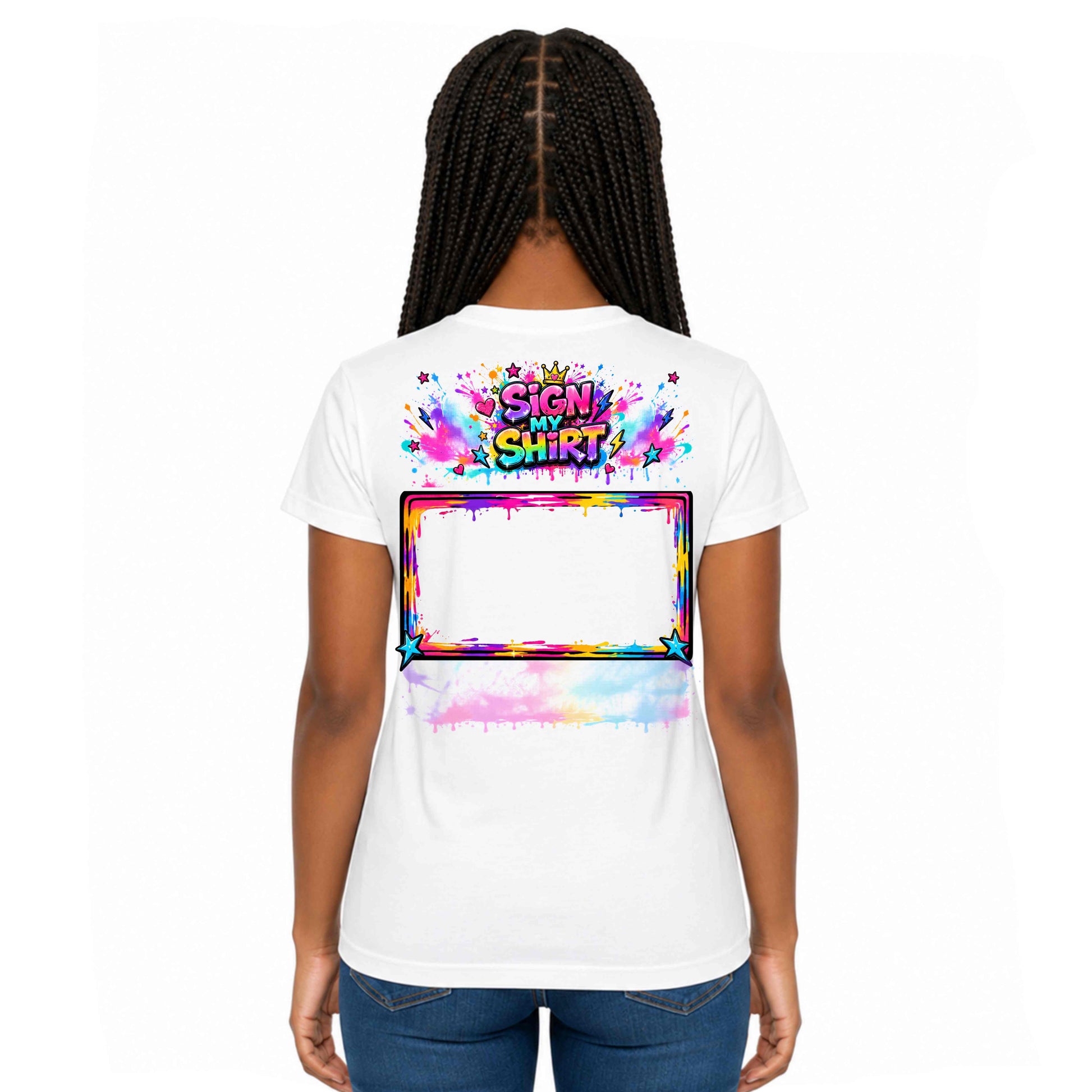 White t-shirt with colorful design on the back, worn by a person.