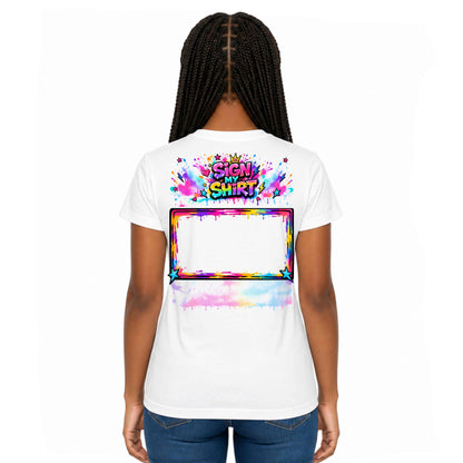 White t-shirt with colorful design on the back, worn by a person.
