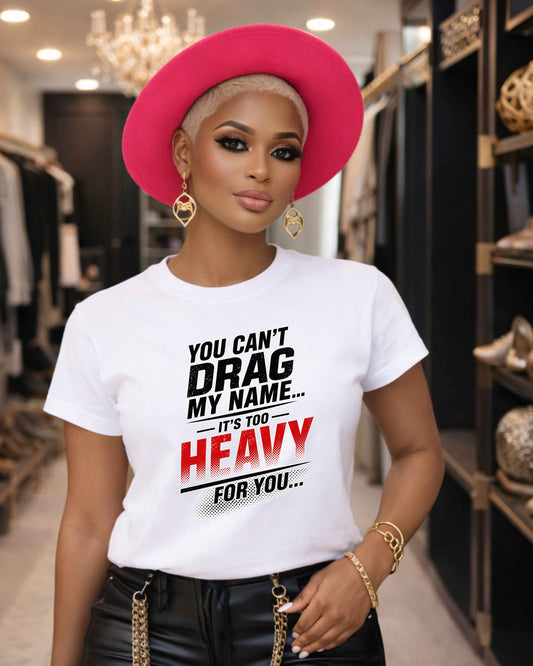 Woman wearing a white t-shirt with a printed message in a store setting