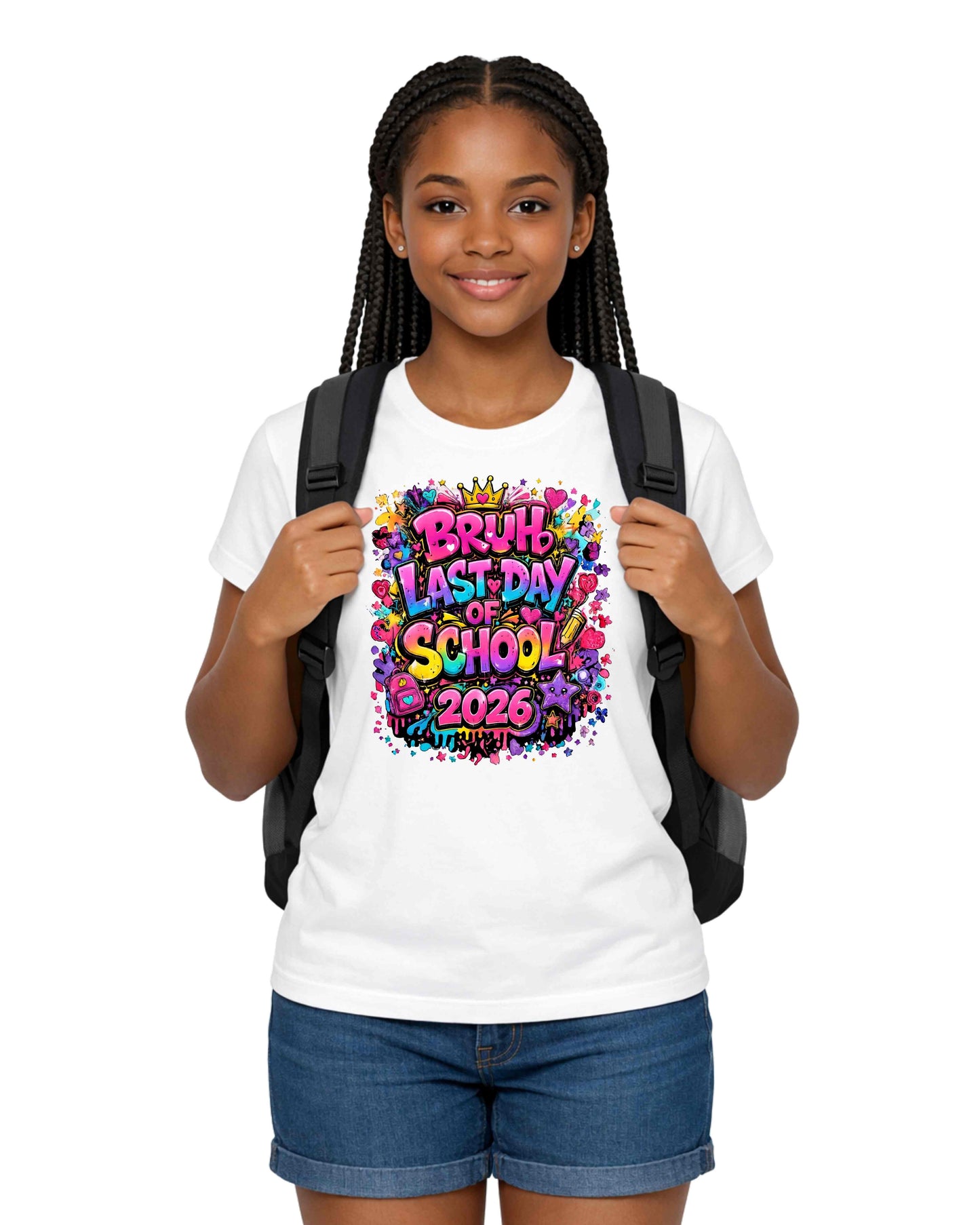 Young girl wearing a white t-shirt with 'Last Day of School 2023' design, holding a black backpack on a white background.
