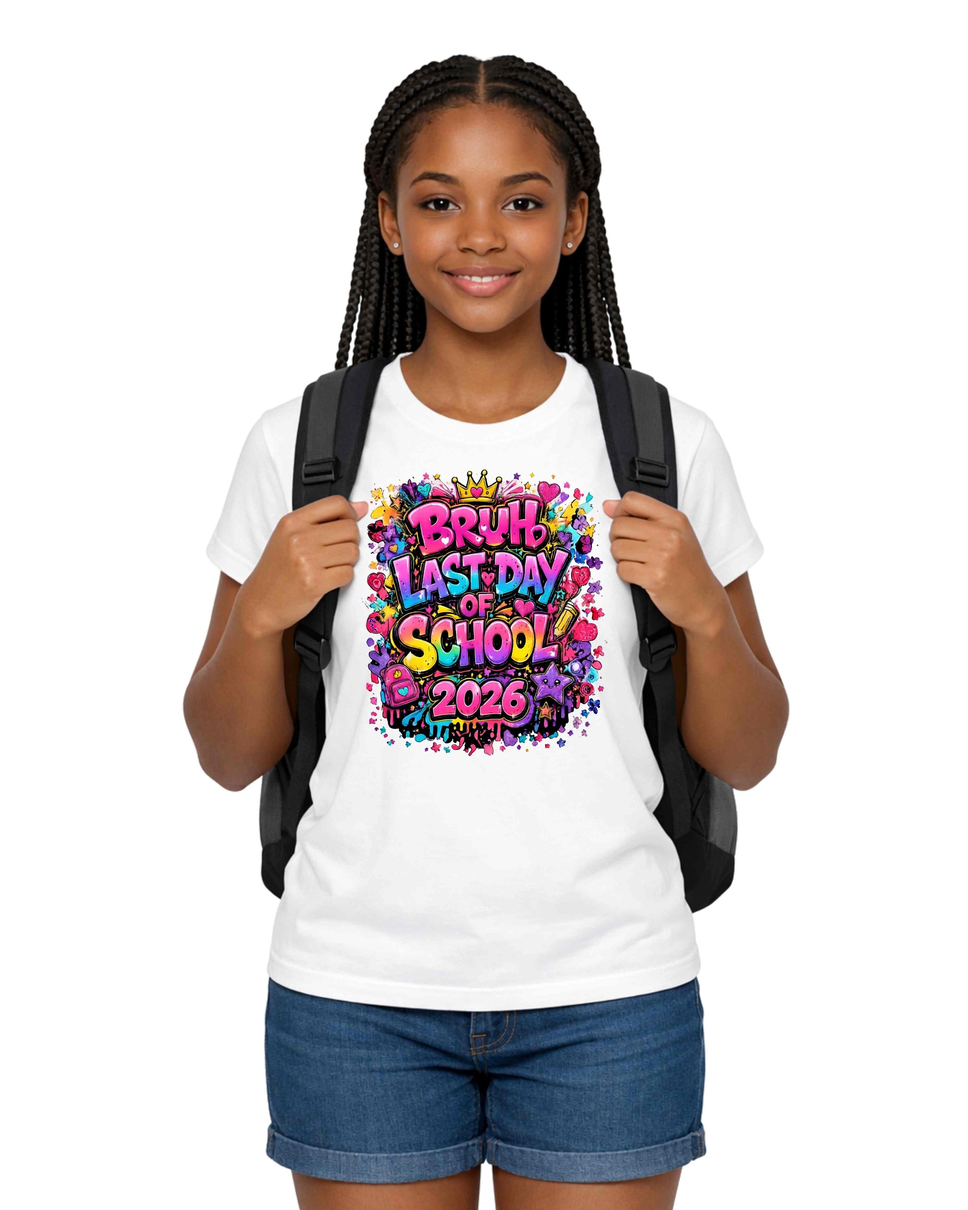 Young girl wearing a white t-shirt with 'Last Day of School 2023' design, holding a black backpack on a white background.