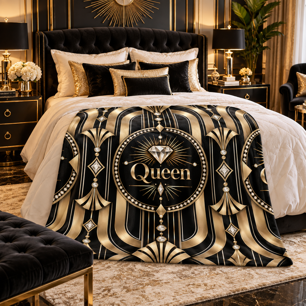A luxury bedding set styled on a bed in a richly decorated bedroom. The focal product is a black and gold Art Deco patterned comforter featuring a central circular emblem with a diamond icon and the word 'Queen' in gold.