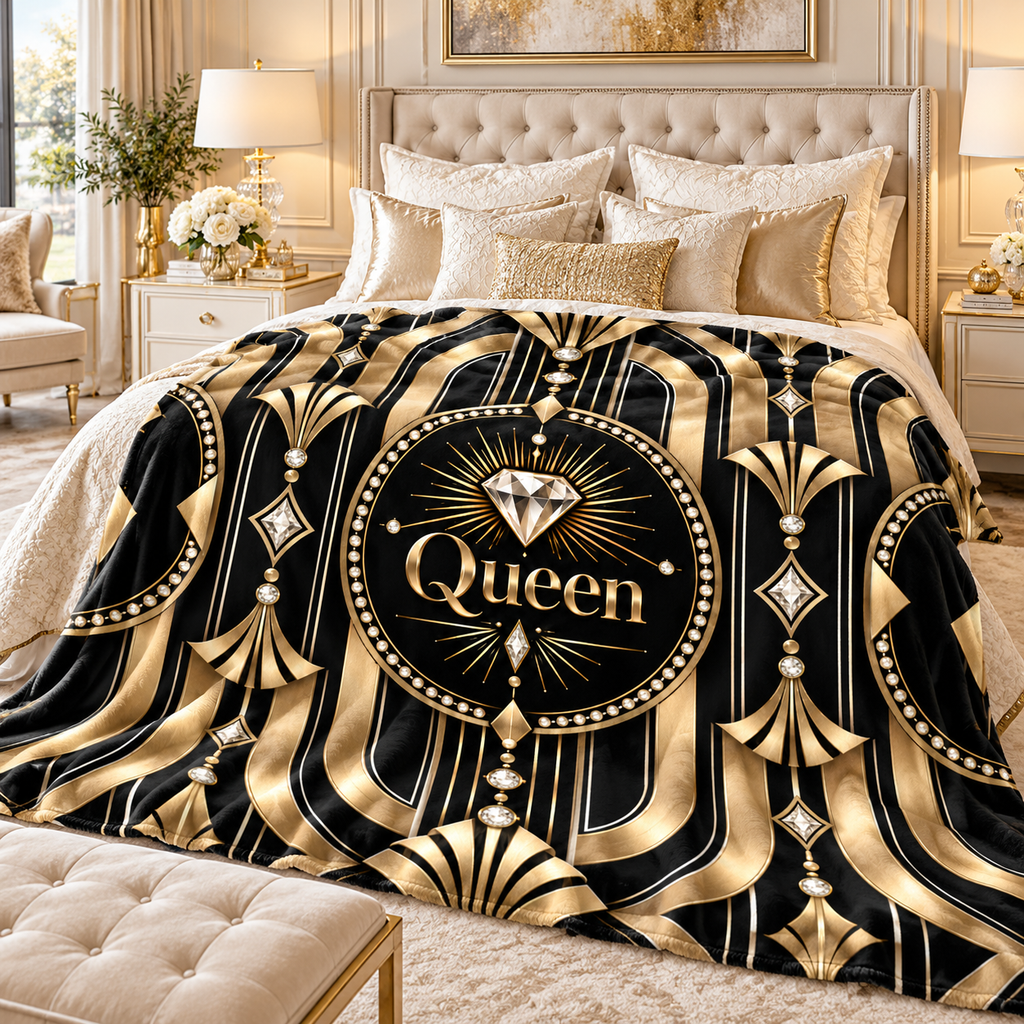 A luxury bedding set in a beautifully styled bedroom, featuring a black and gold Art Deco patterned blanket with the word 'Queen' and a diamond graphic, paired with matching beige and gold pillows and a tufted headboard.