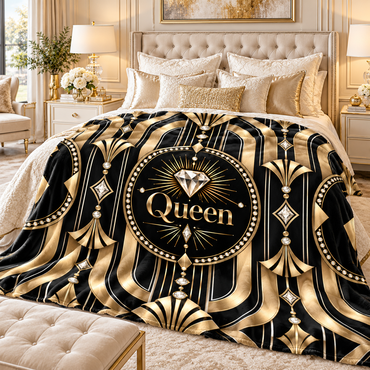 A luxury bedding set in a beautifully styled bedroom, featuring a black and gold Art Deco patterned blanket with the word 'Queen' and a diamond graphic, paired with matching beige and gold pillows and a tufted headboard.