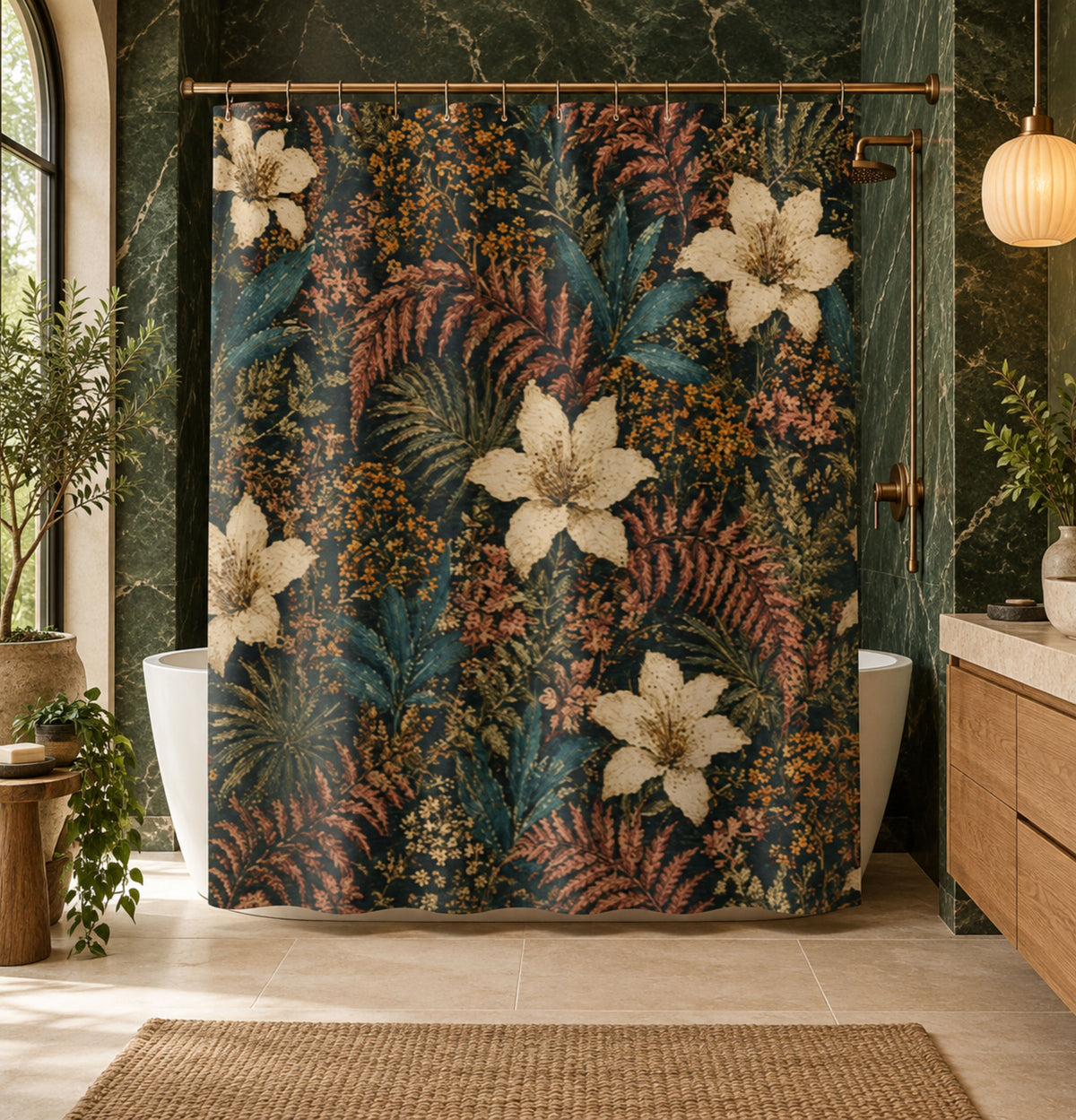 Botanical Floral Vintage Tropical Hibiscus Design—Shower Curtain