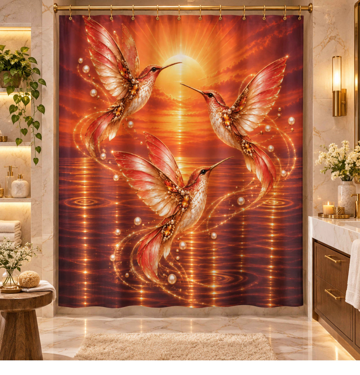 Hummingbird Sunrise Shower Curtain — Orange Sunset Bathroom Decor
