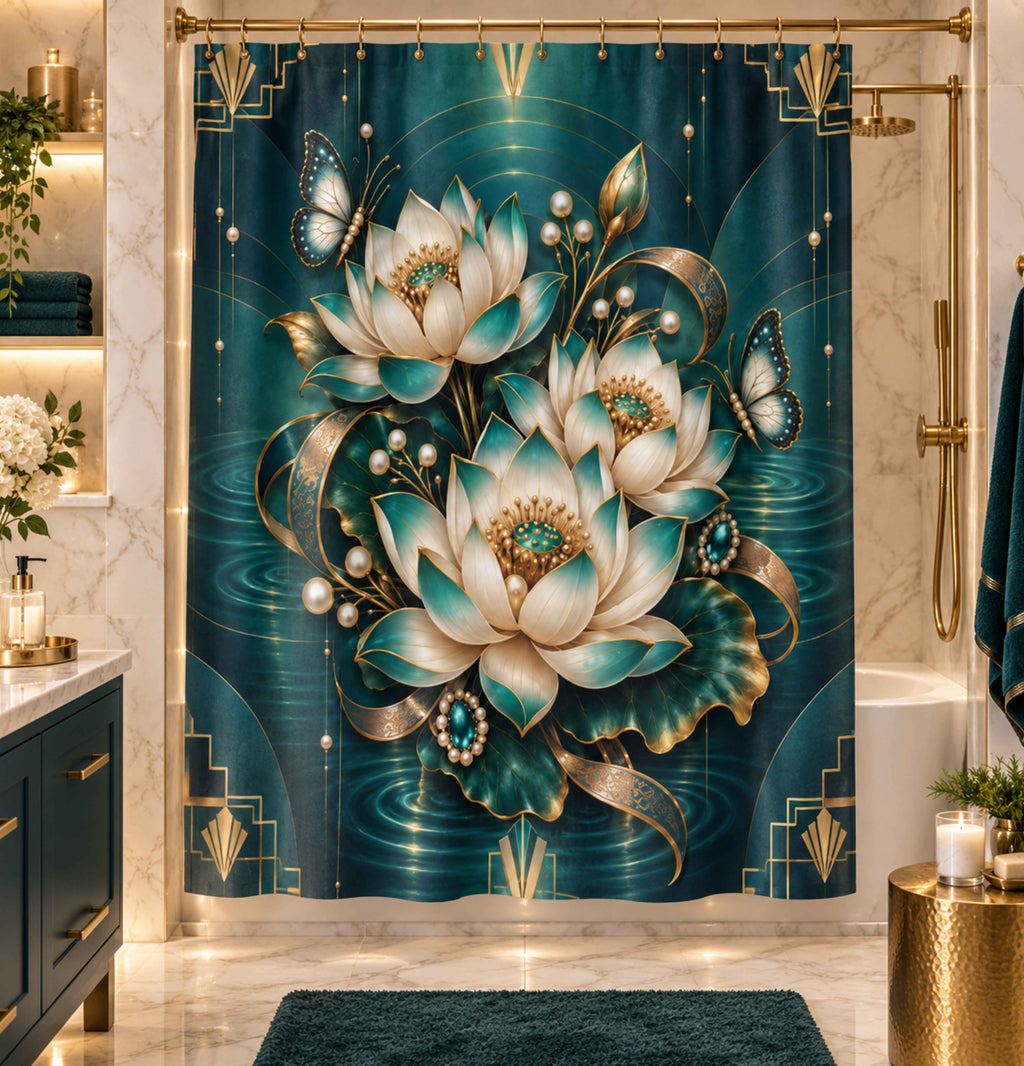 Lotus Blossom Shower Curtain — Teal Gold Floral Bathroom Decor