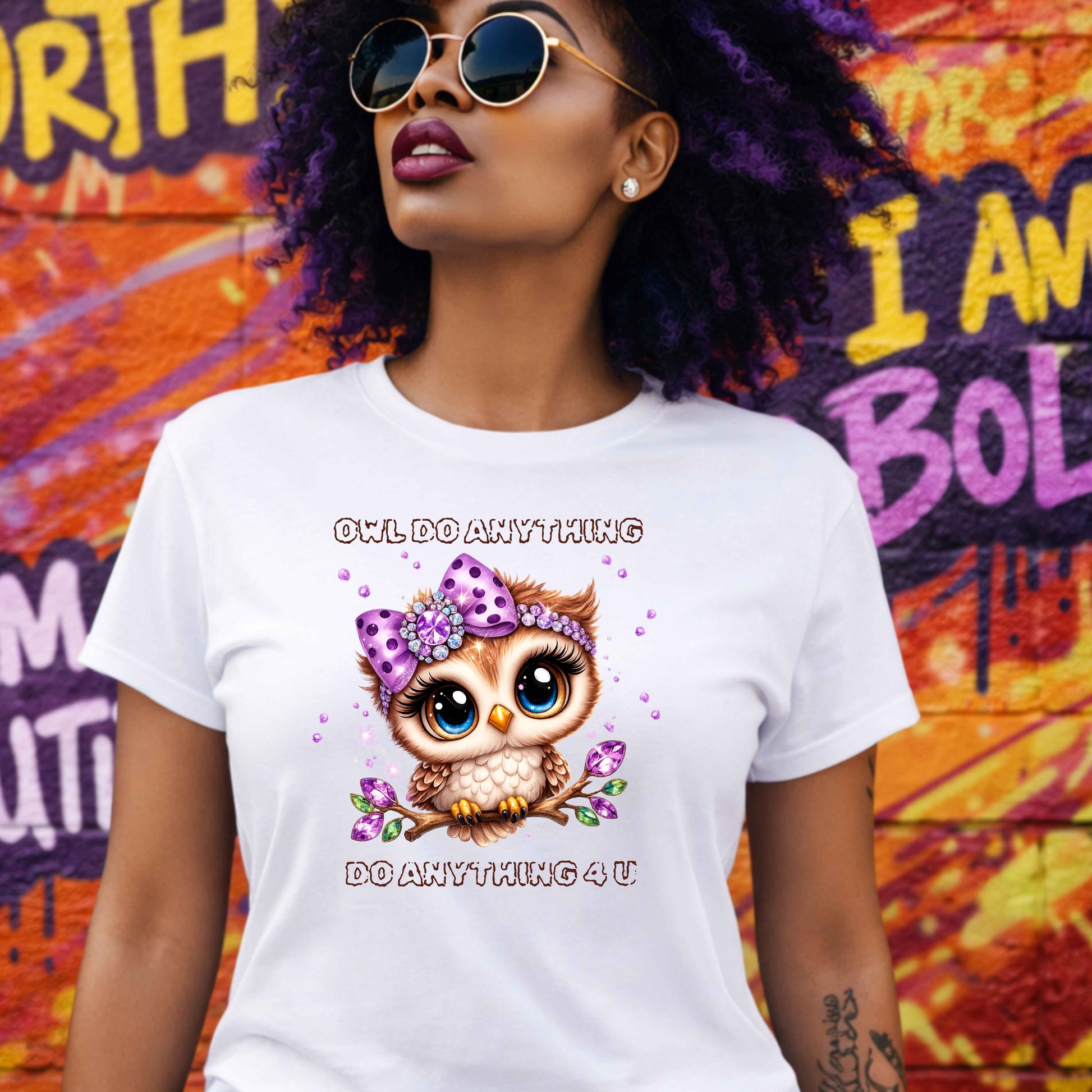Woman wearing a white t-shirt with an owl graphic and text, standing in front of a colorful mural.