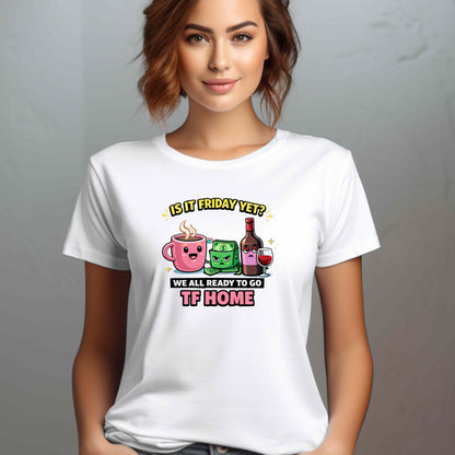 Person wearing a white t-shirt with a humorous graphic design on a plain background