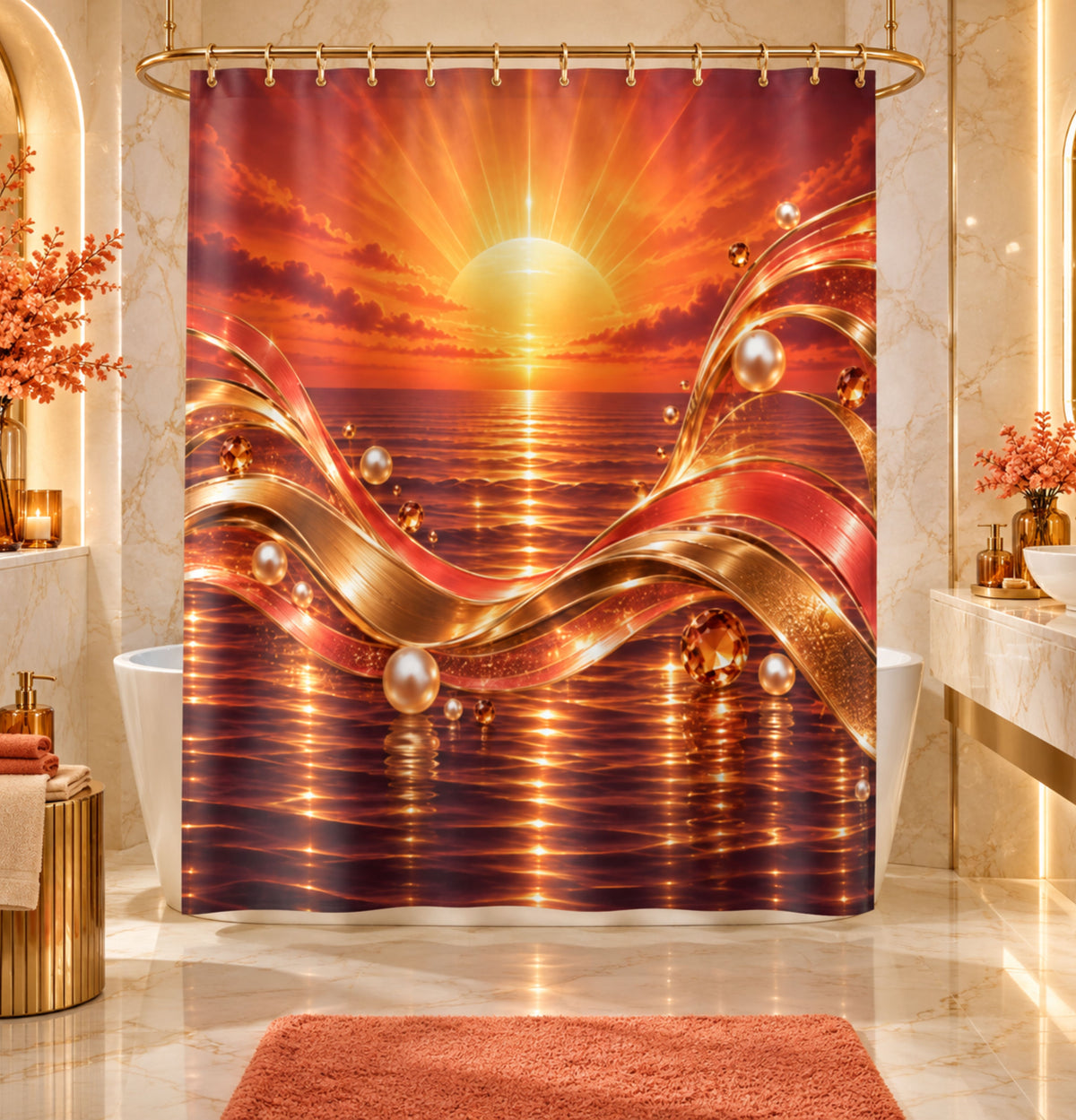 Golden Sunset Ocean Waves with Pearl Accents Shower Curtain -