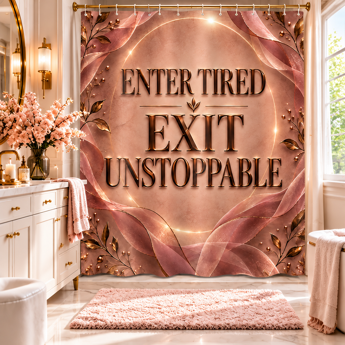A decorative shower curtain hanging in a bright bathroom, featuring the phrase “ENTER TIRED EXIT UNSTOPPABLE” in large metallic-style lettering over a rose-gold and pink abstract design with floral accents.