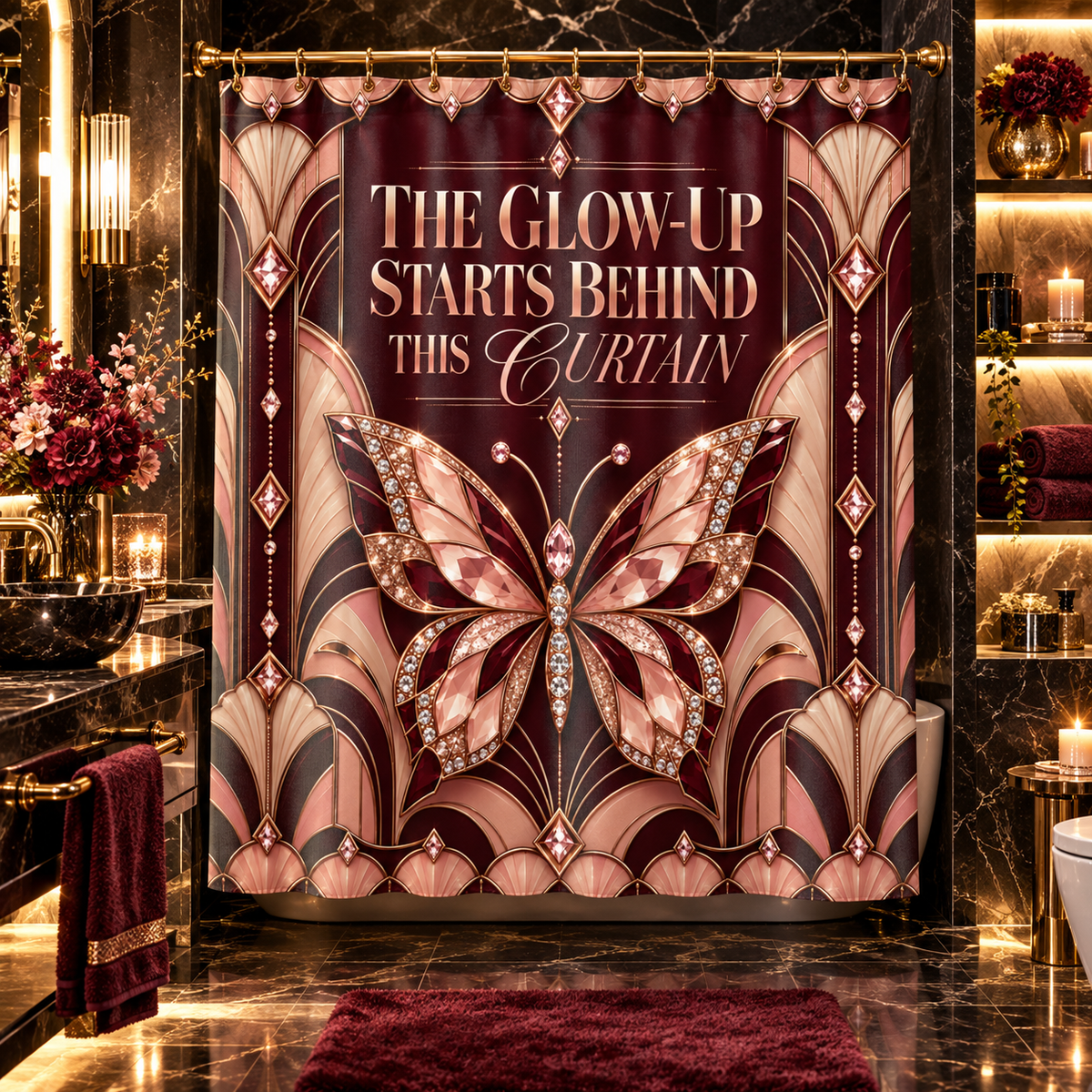 A decorative shower curtain hanging in a luxurious bathroom. The curtain features an elegant Art Deco design in deep burgundy, rose gold, and beige, with a large jeweled butterfly motif and the text 'THE GLOW-UP STARTS BEHIND THIS CURTAIN'.