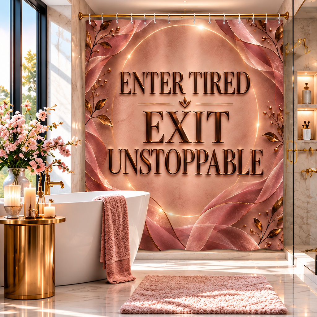 A decorative shower curtain hanging in a luxurious bathroom, featuring the text 'ENTER TIRED EXIT UNSTOPPABLE' in metallic gold lettering over a pink and rose-gold marble-style background with flowing ribbon motifs.