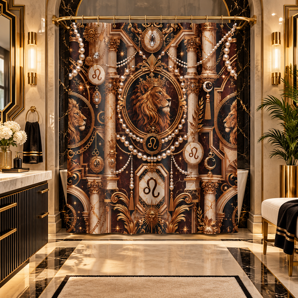 Leo Zodiac Luxury Shower Curtain — Gold Art Deco Lion Emblem, Pearl Draping, Regal Bathroom Decor