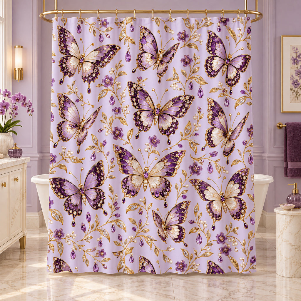 Lavender & Gold Decorative Butterfly Floral Shower Curtain