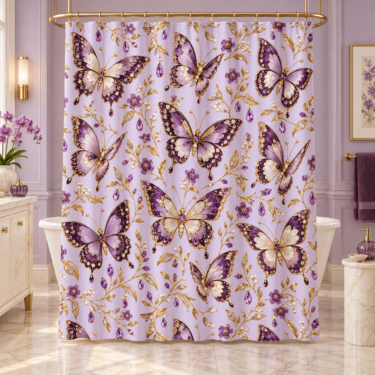 Lavender & Gold Decorative Butterfly Floral Shower Curtain