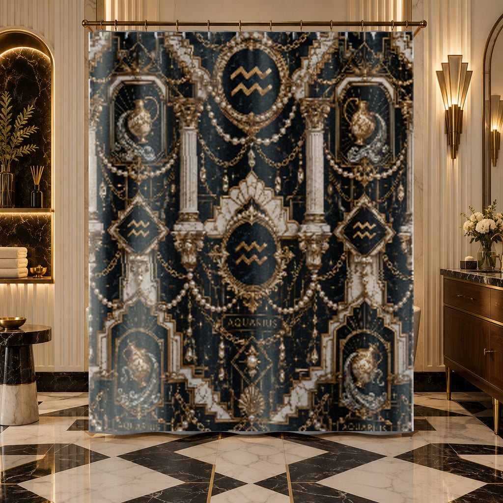 Aquarius Zodiac Luxury Shower Curtain — Gold Art Deco Astrology Bathroom Decor, Pearl Draping, Water Bearer Design