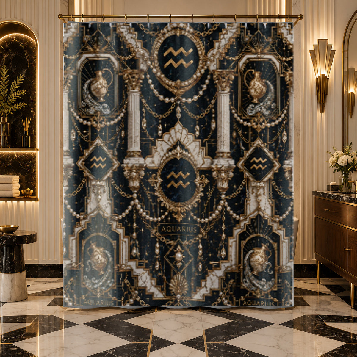Aquarius Zodiac Luxury Shower Curtain — Gold Art Deco Astrology Bathroom Decor, Pearl Draping, Water Bearer Design