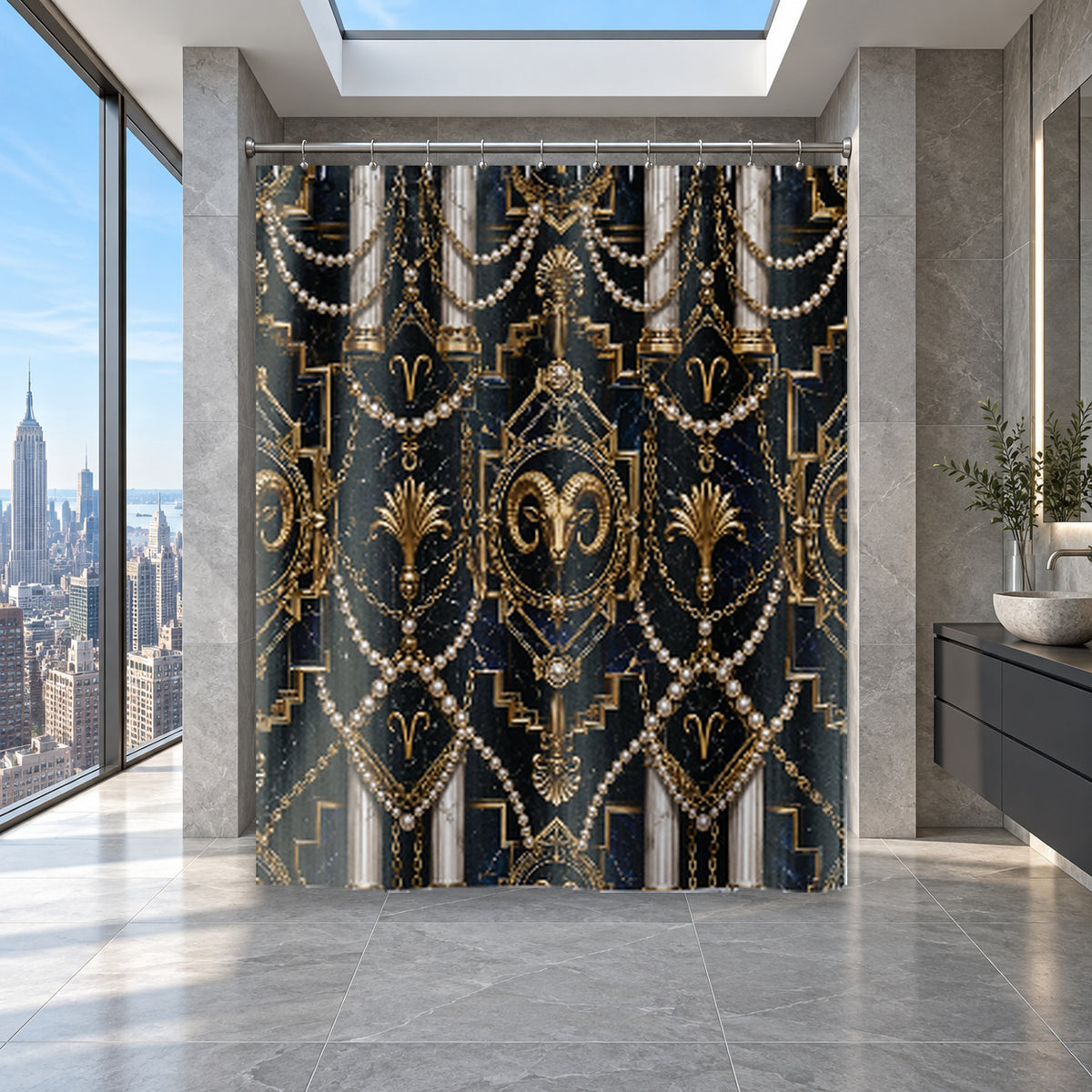 Aries Zodiac Luxury Shower Curtain — Black & Gold Art Deco Bathroom Decor, Pearl Chain Draping, Bold Ram Emblem