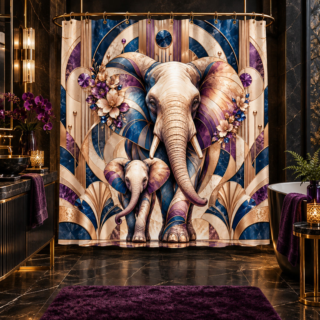 A shower curtain hanging in a luxurious bathroom, featuring a detailed Art Deco style illustration of a large elephant and a baby elephant in shades of blue, purple, beige, and gold.