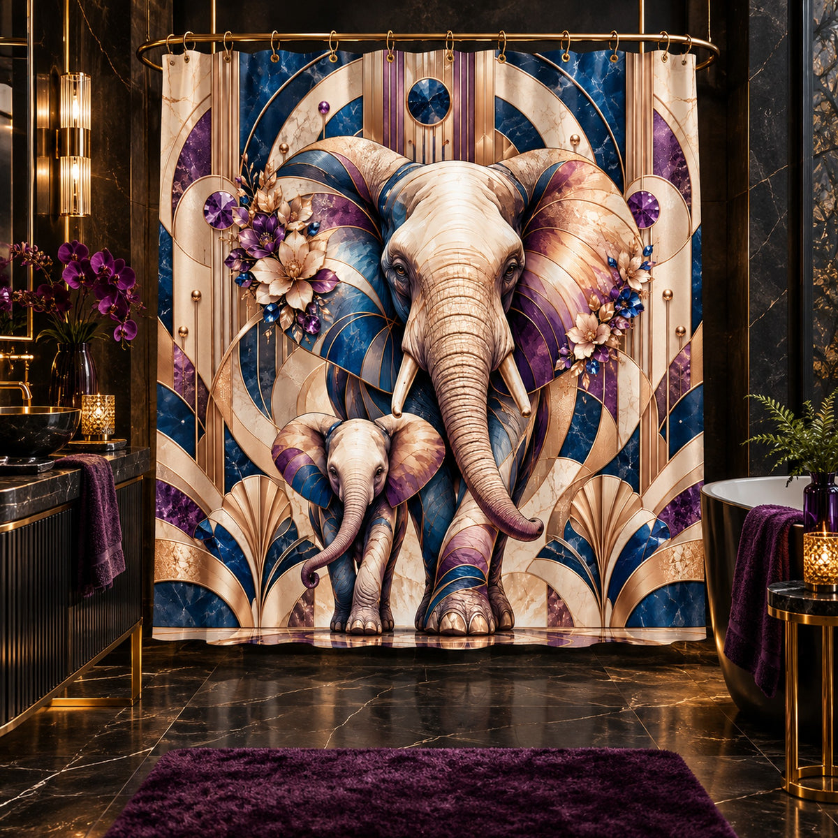A shower curtain hanging in a luxurious bathroom, featuring a detailed Art Deco style illustration of a large elephant and a baby elephant in shades of blue, purple, beige, and gold.