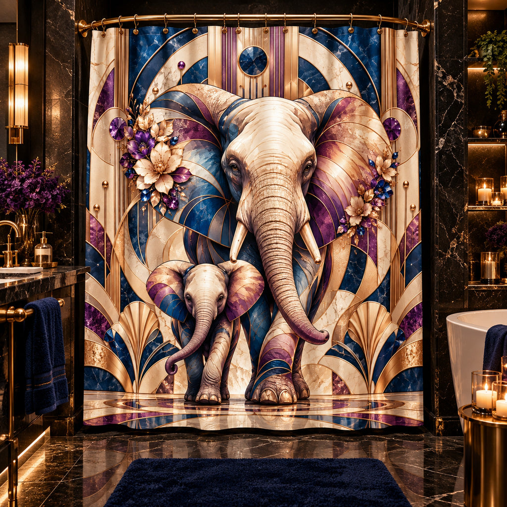 A large shower curtain hanging in a luxurious bathroom, featuring a detailed Art Deco style illustration of an adult elephant and baby elephant in shades of blue, gold, purple, and cream.