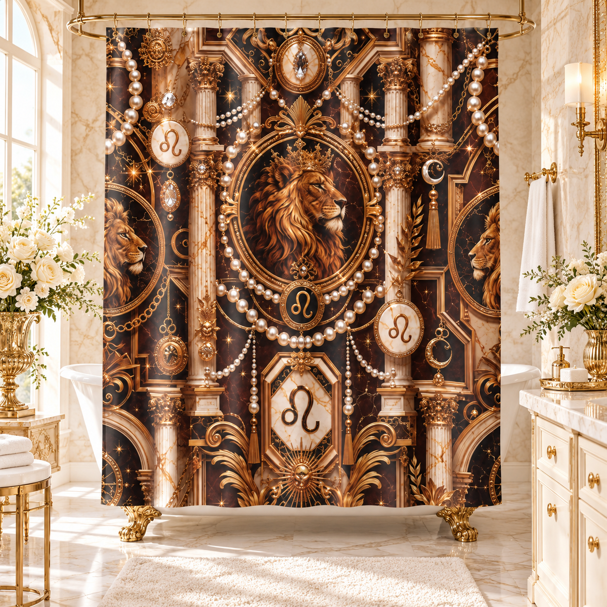Leo Zodiac Luxury Shower Curtain — Gold Art Deco Lion Emblem, Pearl Draping, Regal Bathroom Decor