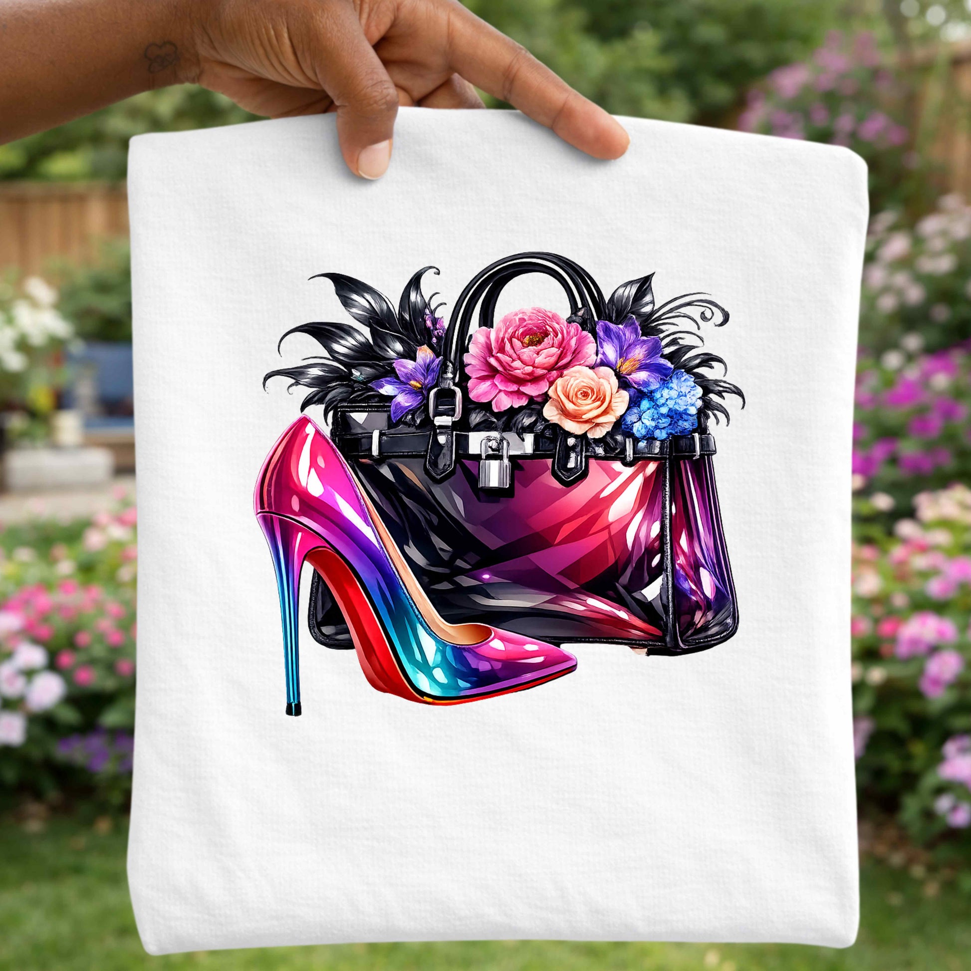 Colorful high-heeled shoe and handbag design on a white t-shirt with a garden background
