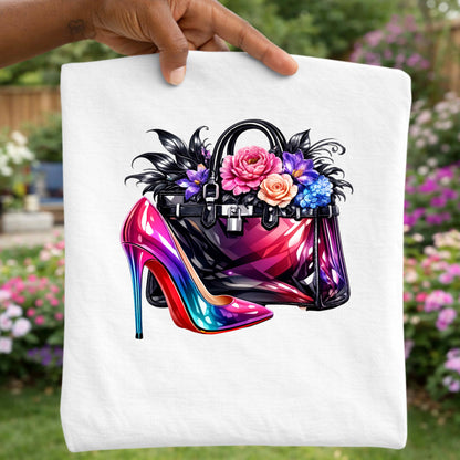 Colorful high-heeled shoe and handbag design on a white t-shirt with a garden background