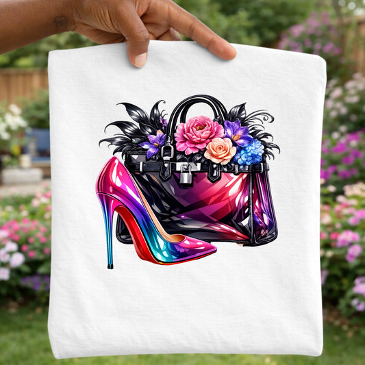 Colorful high-heeled shoe and handbag design on a white t-shirt with a garden background