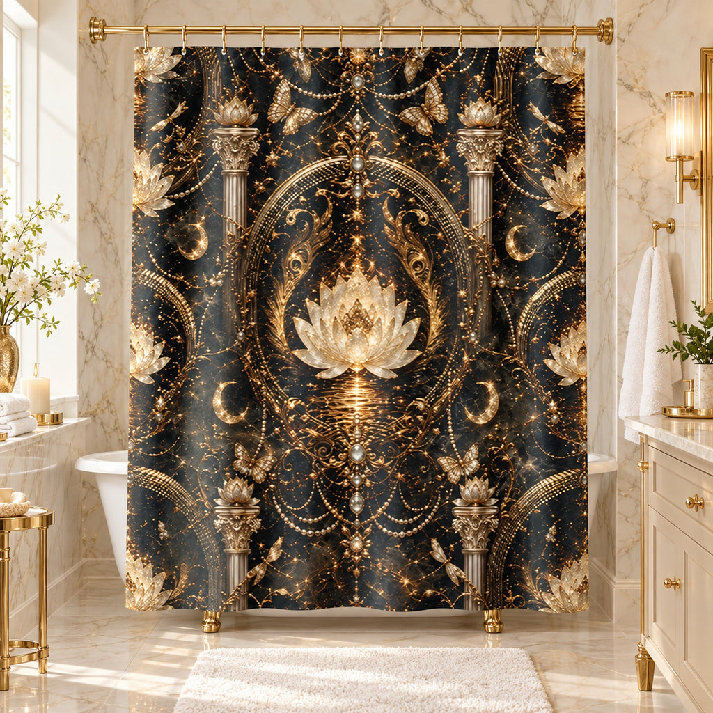 Luxurious Gold Lotus Shower Curtain — Ornate Spa Bathroom Decor