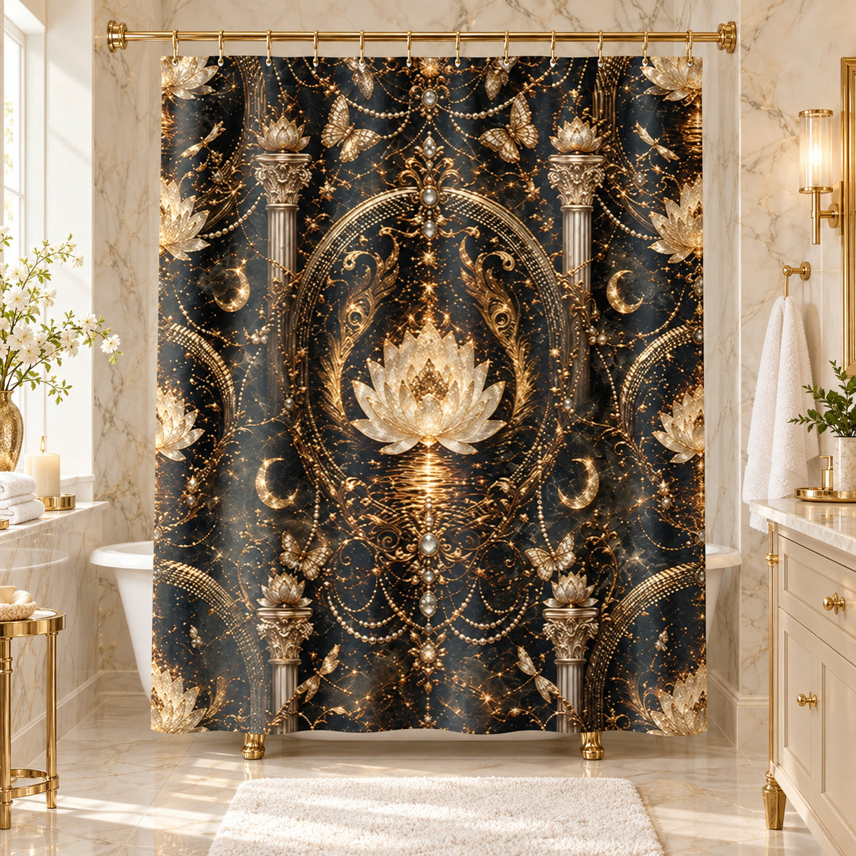 Luxurious Gold Lotus Shower Curtain — Ornate Spa Bathroom Decor