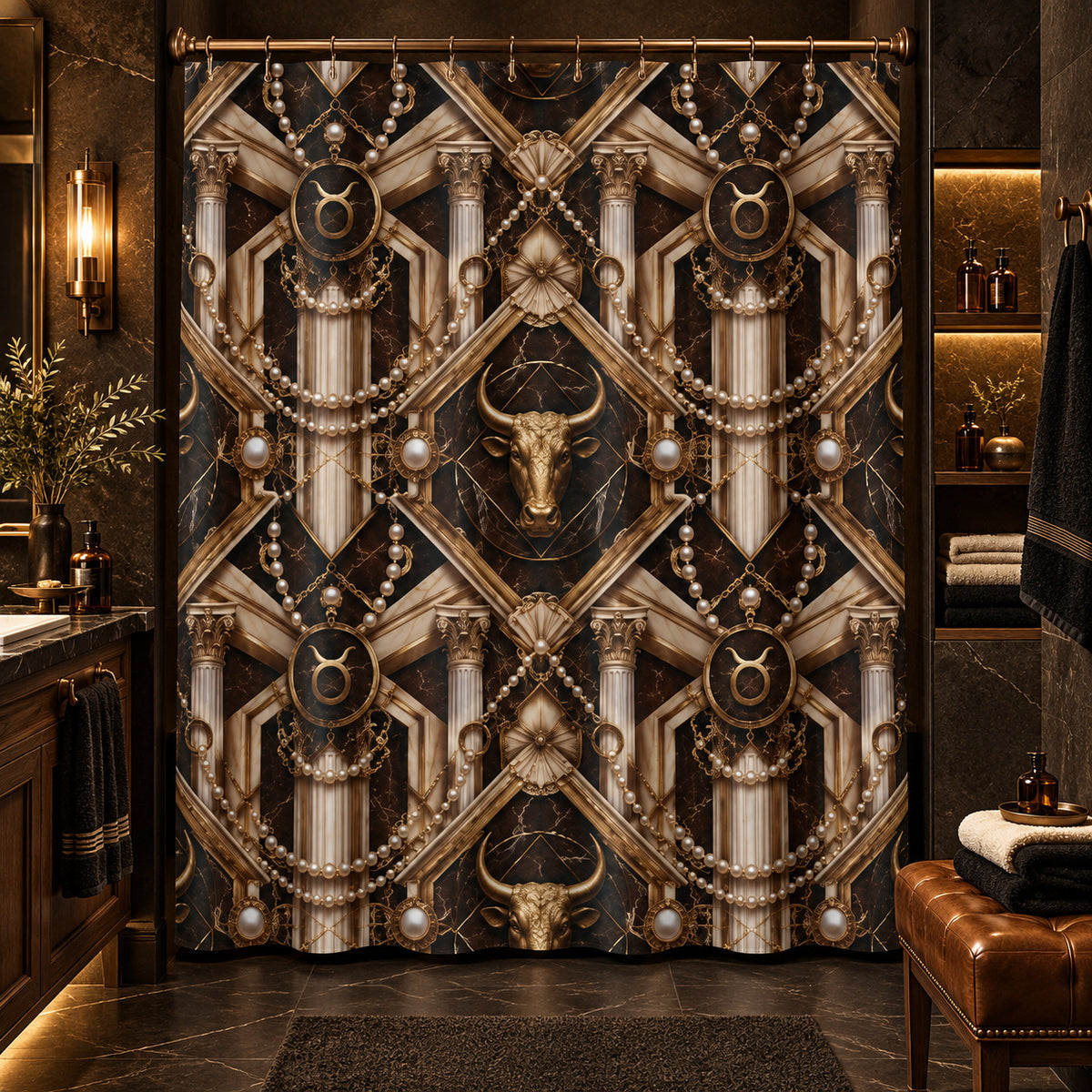 Taurus Zodiac Luxury — Gothic Gold Bull Emblem Shower Curtain